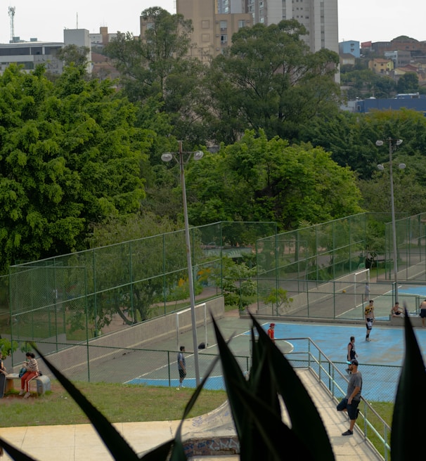 An outdoor recreational area in an urban setting featuring several sports courts and surrounded by lush green trees. People are engaged in various activities, including playing sports on the courts. In the background, there are tall buildings indicative of a cityscape.